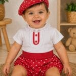 Conjunto flamenco bebé rojo de lunares con boina