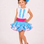 Conjunto flamenco para niña – Celeste con lunares y fajín fucsia