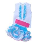 Conjunto flamenco para niña – Celeste con lunares y fajín fucsia