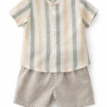 Conjunto niño rayas verdes y beige lino natural ref 26303
