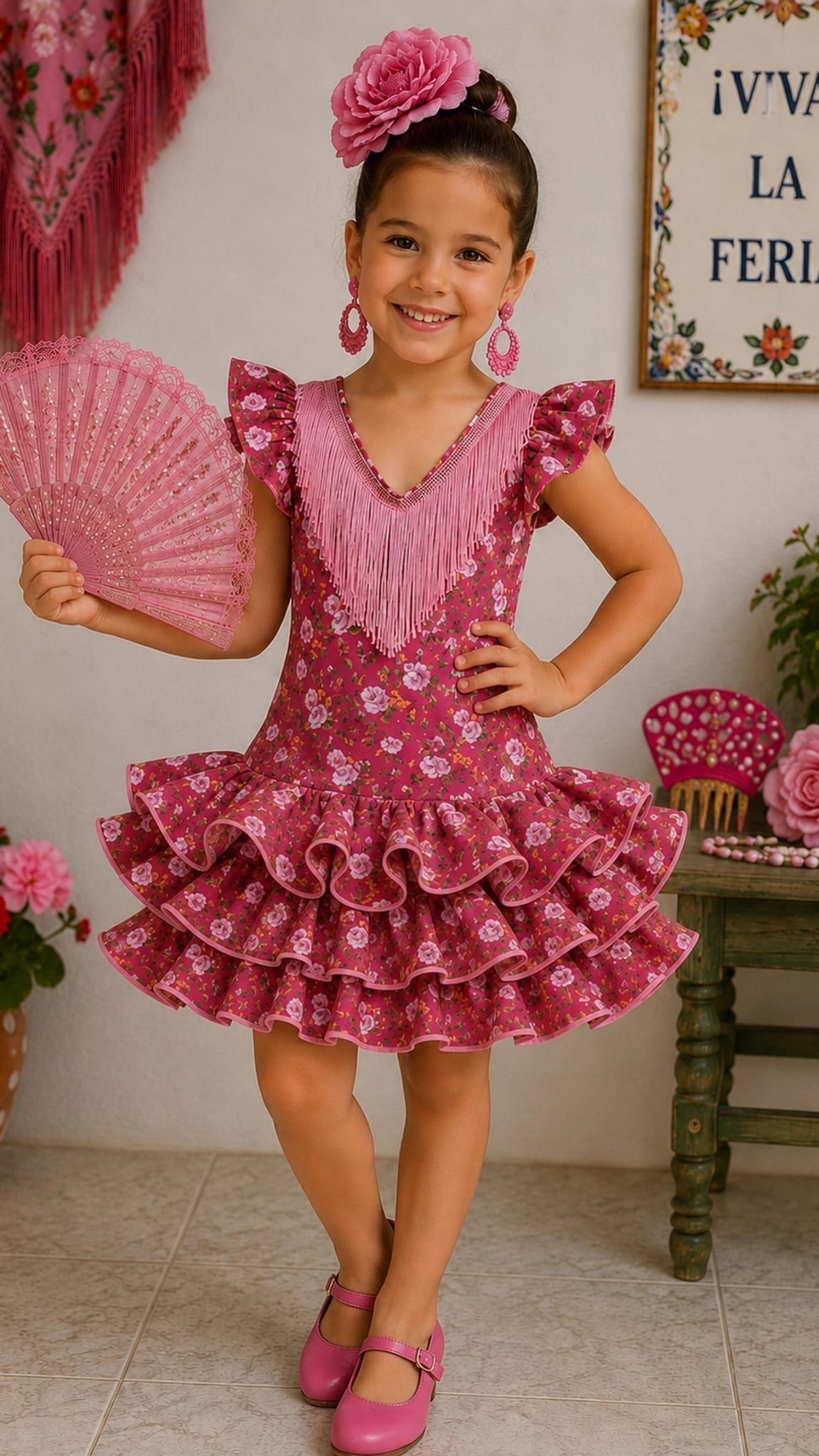 WhatsApp Image 2026-06-15 at 20.08.57 Vestido flamenca niña rosa estampado floral con flecos - Imagen 1
