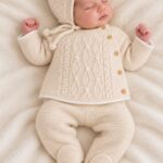 Conjunto de punto bebé recién nacido beige con capota