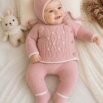 Conjunto de punto bebé niña rosa con capota