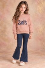 Conjunto niña Patitaa sudadera rosa y pantalón campana azul marino - Imagen 3