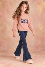 Conjunto niña Patitaa sudadera rosa y pantalón campana azul marino