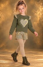 Conjunto niña Patitaa sudadera verde kaki y short de pata de gallo