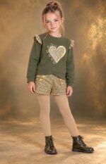 Conjunto niña Patitaa sudadera verde kaki y short de pata de gallo - Imagen 3